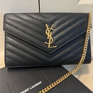 Saint Laurent Black Quilted Clutch with Gold Chain